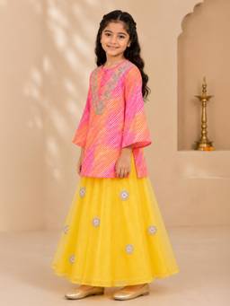 KiddoPanti - Girls Georgette Leheriya Printed Kurta with Embroidered Skirt Set
