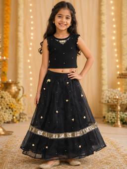 KiddoPanti - Girls Cotton Spandex Sleeveless Ribbed Crop Top Organza Skirt Set