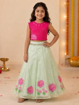 KiddoPanti - Girls Cotton Sleeveless Ribbed Crop Lotus Printed Top Organza Skirt Set
