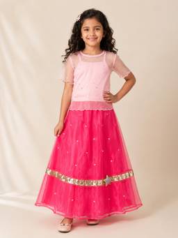 KiddoPanti - Girls Cotton Mesh Overlay Top with Rib Knit Inner Organza Skirt Set