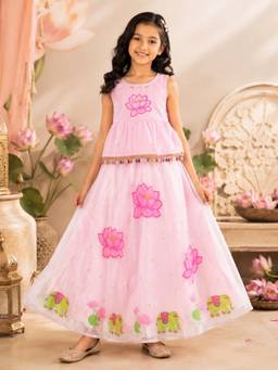 KiddoPanti - Girls Cotton Knit Sleeveless Lotus Printed Peplum Top Organza Skirt Set