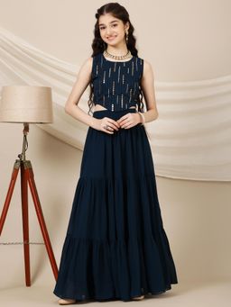 INDDUS - Girls Striped Sequinned Embroidered Ready To Wear Lehenga Choli