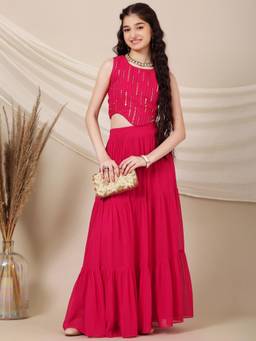 INDDUS - Girls Striped Sequinned Embroidered Ready To Wear Lehenga Choli