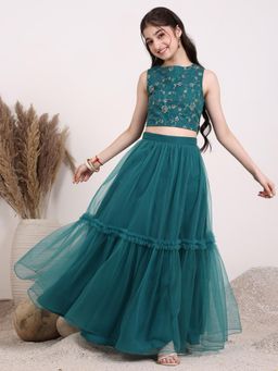 INDDUS - Girls Floral Thread and Sequinned Embroidered Reedy To Wear Lehenga Choli