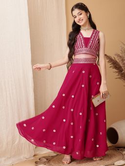 INDDUS - Girls Floral Zari and Sequinned Embroidered Reedy To Wear Lehenga Choli
