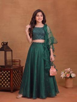 INDDUS - Girls Floral Thread and Mirror Embroidered Lehenga Choli with Dupatta
