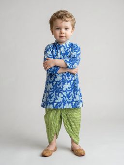 Indi-Loom Couture - Boys Blue Floral Print Kurta with Green Dhoti Pants Set