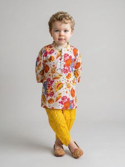 Indi-Loom Couture - Boys White and Multi-Color Printed Kurta with Dhoti