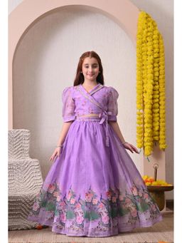 Indi-Loom Couture - Girls Lavender Printed Wrap Top with Flared Ethnic Skirt Co-Ord Set