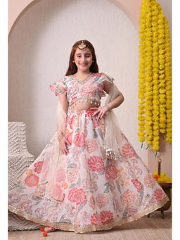 Indi-Loom Couture - Girls Off-White Floral Printed Lehenga Choli with Dupatta