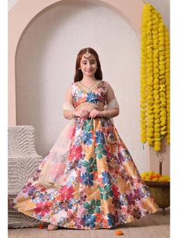 Indi-Loom Couture - Girls Cream Multi Floral Printed Lehenga Choli with Dupatta