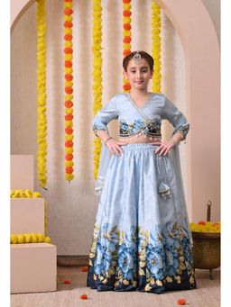 Indi-Loom Couture - Girls Sky Blue Floral Printed Lehenga Choli with Net Dupatta