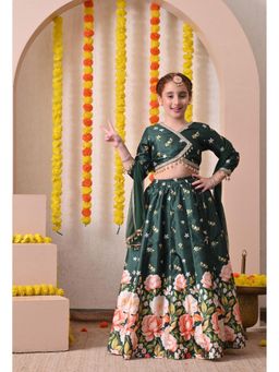 Indi-Loom Couture - Girls Dark Green Floral Printed Lehenga Choli with Net Dupatta