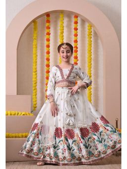 Indi-Loom Couture - Girls Off-White Floral Printed Lehenga Choli with Net Dupatta