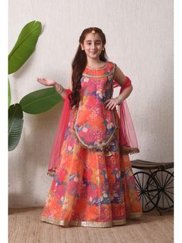 Indi-Loom Couture - Girls Multi Floral Printed Lehenga Choli with Net Dupatta