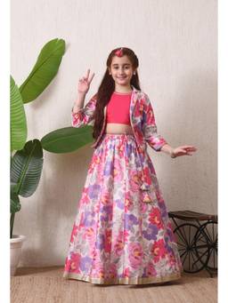 Indi-Loom Couture - Girls Pink Floral Printed Crop Top with Jacket and Flared Skirt