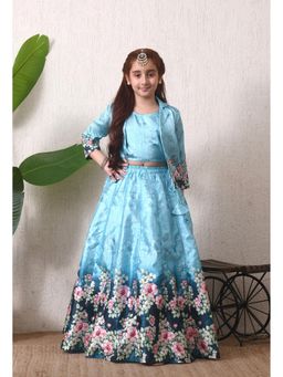 Indi-Loom Couture - Girls Sky Blue Floral Printed Crop Top with Jacket and Flared Skirt