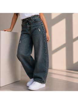 Purple United Kids - Girls Jeans In Dark Blue with High Rise Waist and Wide Leg Fit