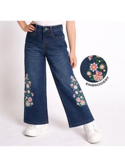 Purple United Kids - Girls Wide Leg Jeans with Floral Embroidery