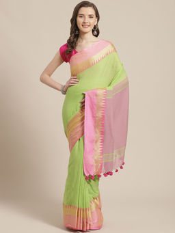 LAA CALCUTTA - Green & Pink Handloom Saree with Unstitched Blouse