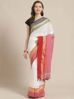LAA CALCUTTA - White & Red Handloom Saree with Unstitched Blouse