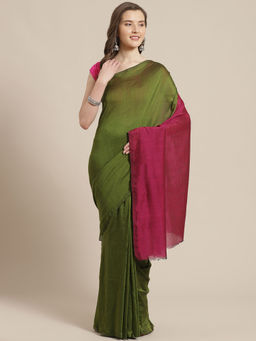 LAA CALCUTTA - Magenta & Green Cotton Handloom Saree with Unstitched Blouse