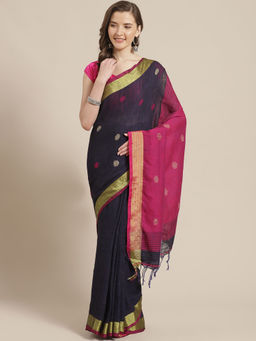 LAA CALCUTTA - Pink & Navy Blue Cotton Handloom Saree with Unstitched Blouse
