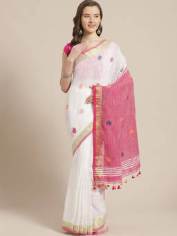LAA CALCUTTA - White & Pink Cotton Handloom Saree with Unstitched Blouse