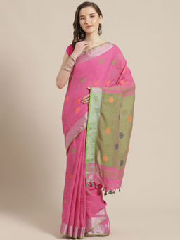 LAA CALCUTTA - Pink & Green Cotton Handloom Saree with Unstitched Blouse