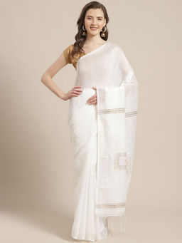 LAA CALCUTTA - White & Golden Silk Handloom Saree with Unstitched Blouse