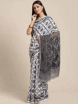 LAA CALCUTTA - White & Black Cotton Jamdani Saree