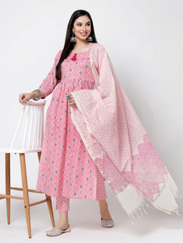 Benaaz - Pink Printed Cotton Naira Cut Kurta with Pant & Dupatta (Set of 3)