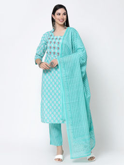 Benaaz - Turquoise Blue Embroidered Cotton Kurta with Pant & Dupatta (Set of 3)