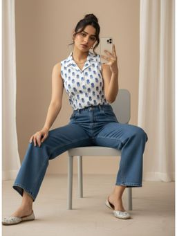 Varanga - Indigo Block-Print Sleeveless Collared Top