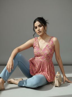 Varanga - Ethnic Print Strap Sleeve Babydoll Top