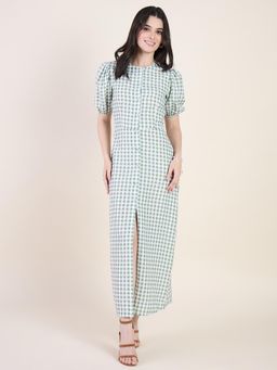 AAYU - Green And White Gingham Checkered Puff Sleeve Button-Front Dress With Slit