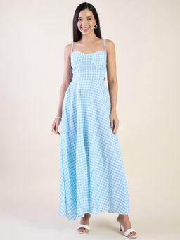AAYU - Creation Women Blue Gingham Flared Cotton Blend Dress
