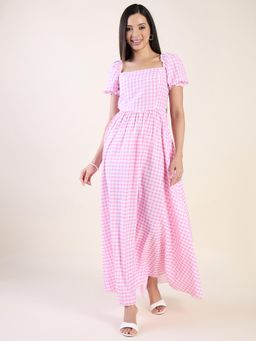 AAYU - Women Pink Gingham Check Cotton Blend Square Neck Puff Sleeve Dress