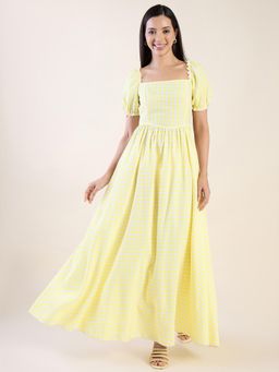 AAYU - Yellow Gingham Cotton Blend Square Neck Puff Sleeve Dress