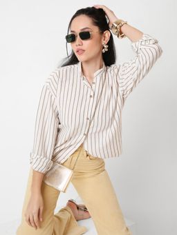 BLNK - Women Khaki Mandarin Collar Stripe Shirt