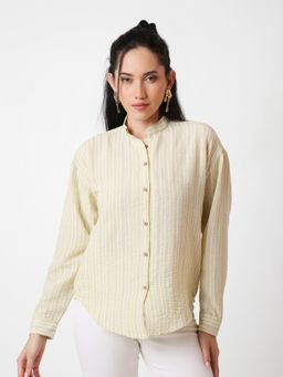 BLNK - Women Yellow Mandarin Collar Stripe Shirt