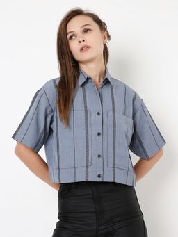 BLNK - Women Blue Striped Cropped Shirt