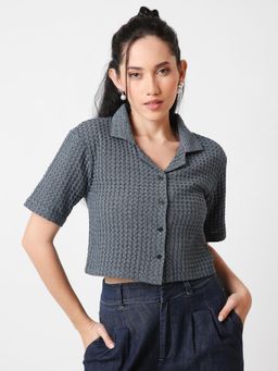 BLNK - Women Blue Textured Cropped Shirt