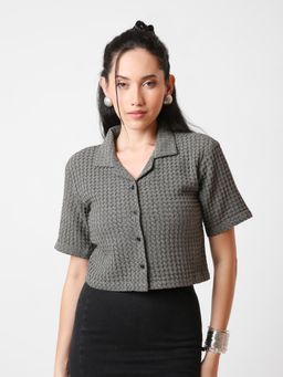 BLNK - Women Olive Textured Cropped Shirt