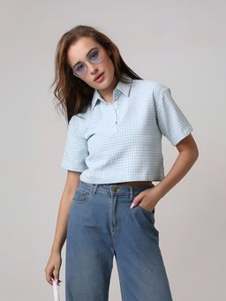 BLNK - Women Blue Chic Structured Button-Down Cropped Polo T-Shirt