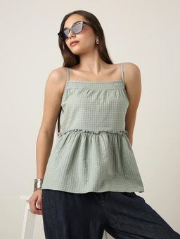 BLNK - Women Green Textured Pattern Spaghetti Strap Layered Top