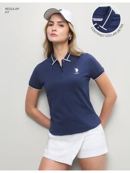 U.S. POLO ASSN. - Women Blue Casual Regular Fit Polo T-Shirt