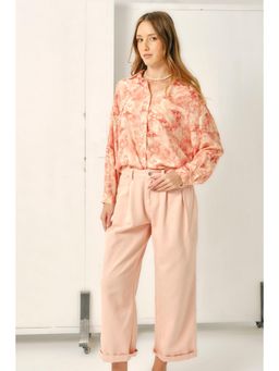 Virgio - Solid Cotton Pink Pleated Flared Trouser For Women