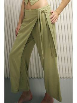 Virgio - Solid Linen Overlap Olive Tie-Up Trouser For Women