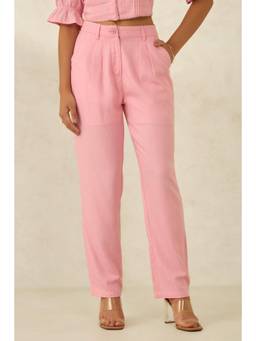Virgio - Solid Linen Straight Fit Pleated Trousers For Women